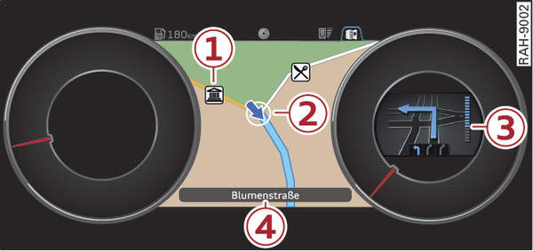 Илл. 203 Схематическое изображение: стандартная карта при активном следовании к цели (Audi virtual cockpit)
